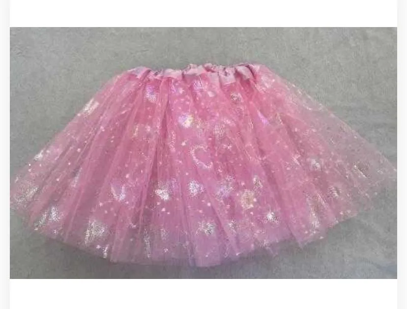 girls' pink glittery printed tulle tutu skirt designed for dress-up, dance,