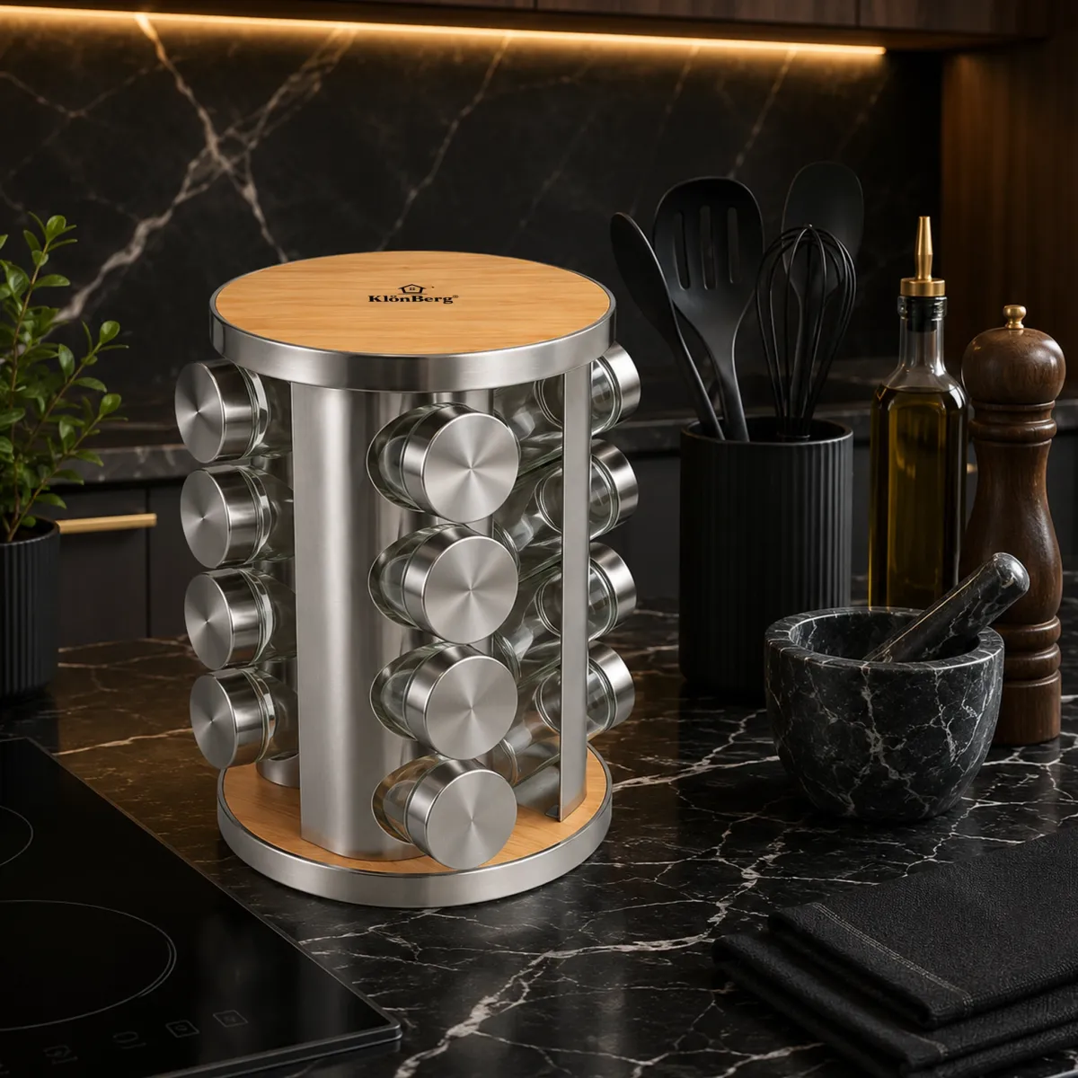 Rotating Spice Rack with 12 Glass Spice Jars and Steel Stand