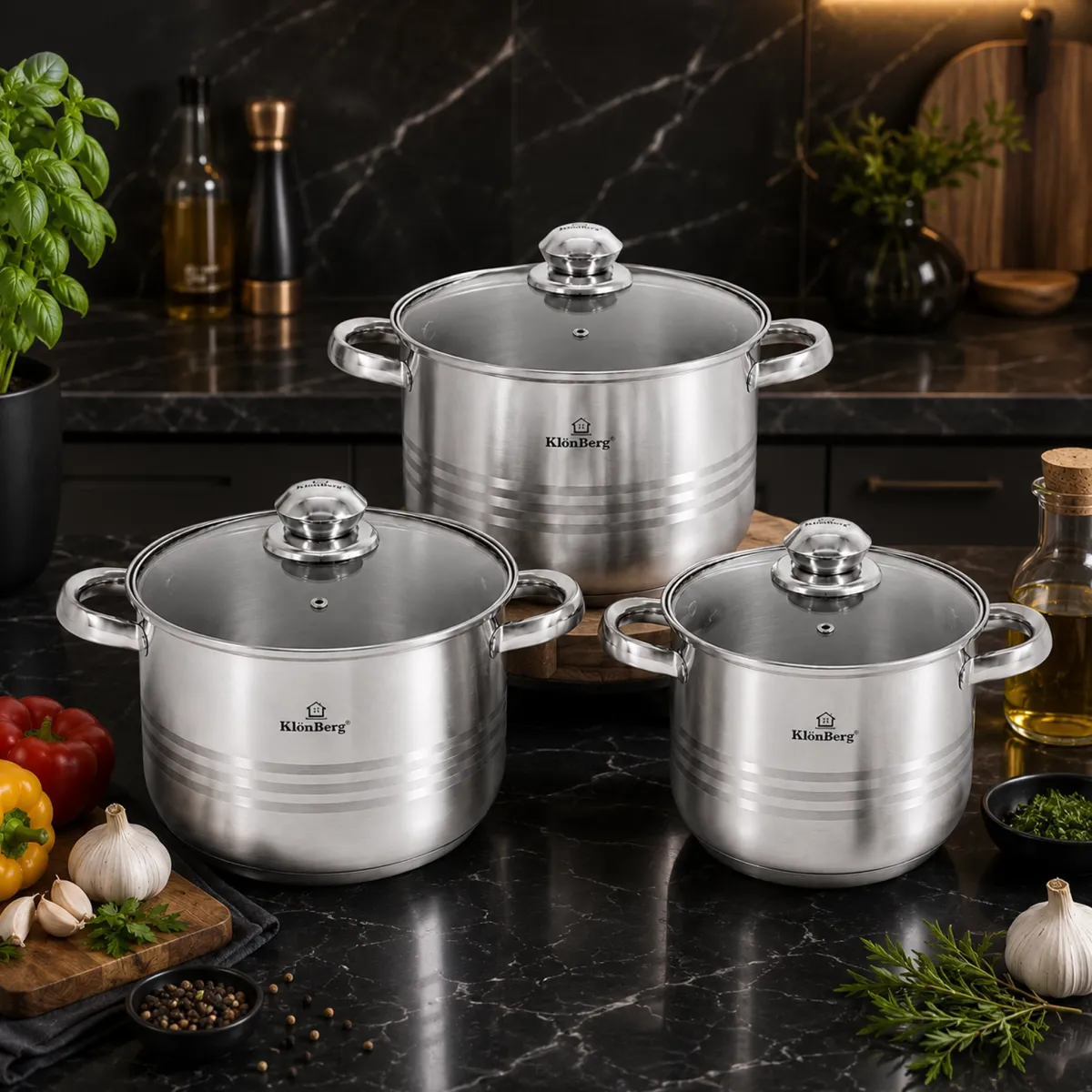 Stainless Steel Stock Pot Set 6 Pcs 5 Step Base with Glass Lid KB-2529