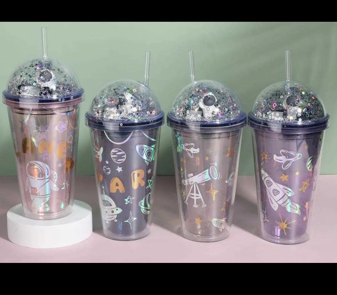 Astronaut Space Theme Double-Wall Tumbler with Glitter Dome Lid & Straw 450ML