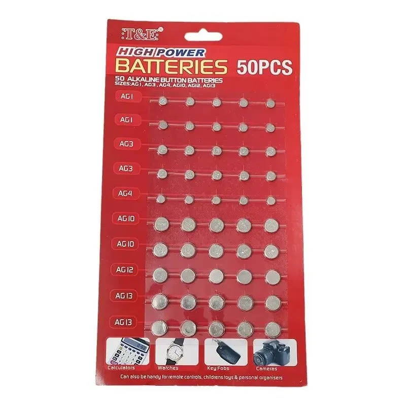 High Power Alkaline Button Batteries 50pcs - Assorted Sizes AG1-AG13 KDM0028
