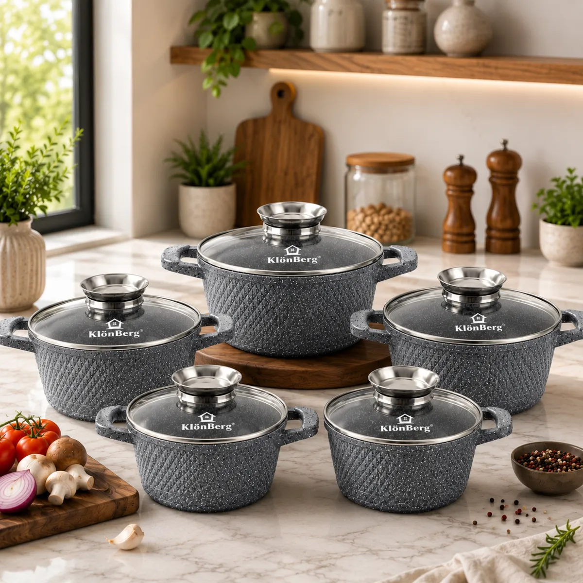 10-Piece Cast Aluminium Cookware Set with Marble Non-Stick Coating