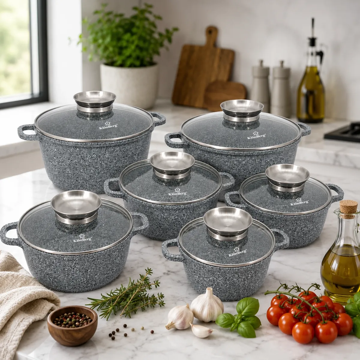 Ceramic Marble Nonstick Cookware Set 12PCS Grey with Glass Lids
