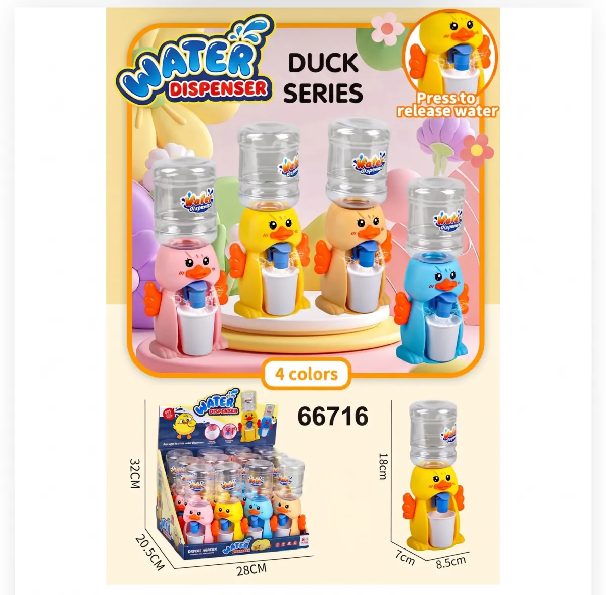 66716 Mini Duck Water Dispenser Toy for Kids – Real Working Desktop Beverage Fountain (4 Colors)