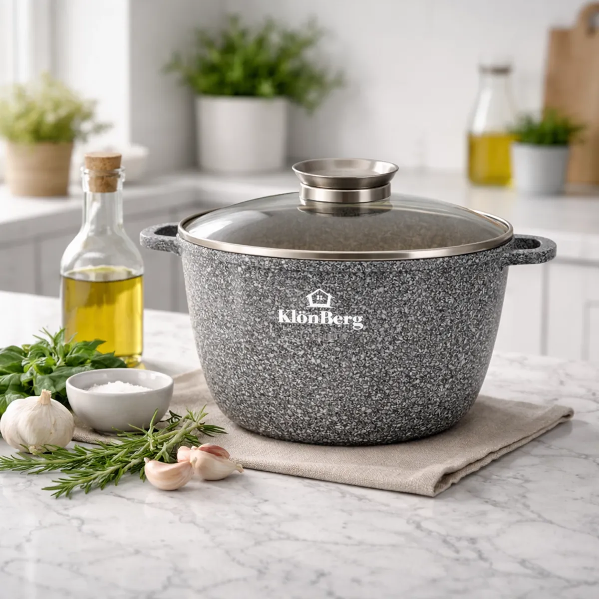 Cast Aluminum Pot With Lid 6.2L Ceramic Marble Coat Granite Grey KB-3908