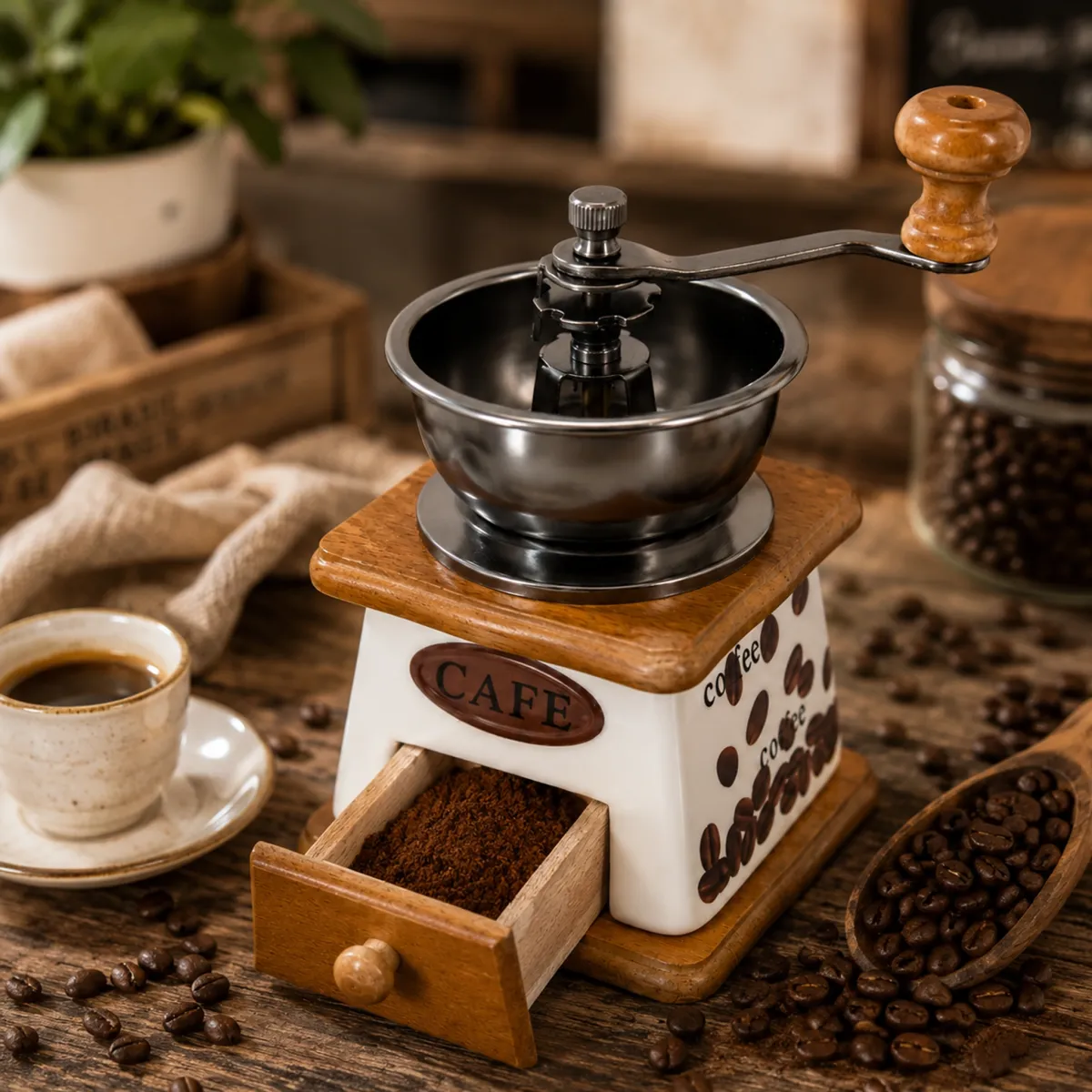 Manual Coffee Grinder with Ceramic Burr and Wood Body OSR-195