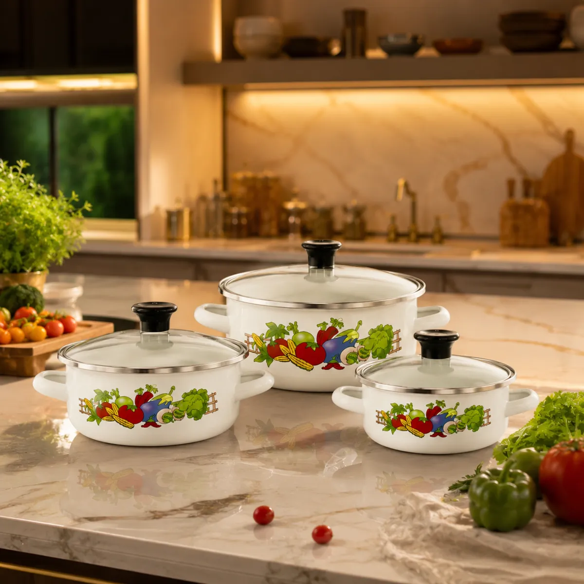 Enamel Casserole Set 6-Piece White Vegetable Print with Glass Lids