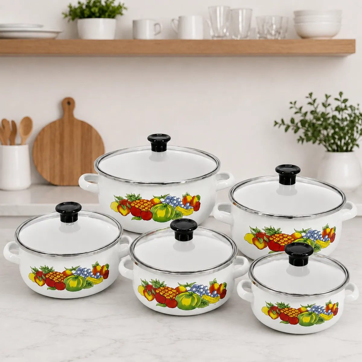 Enamel Cookware Set 5-Piece Fruit Print with Glass Lids