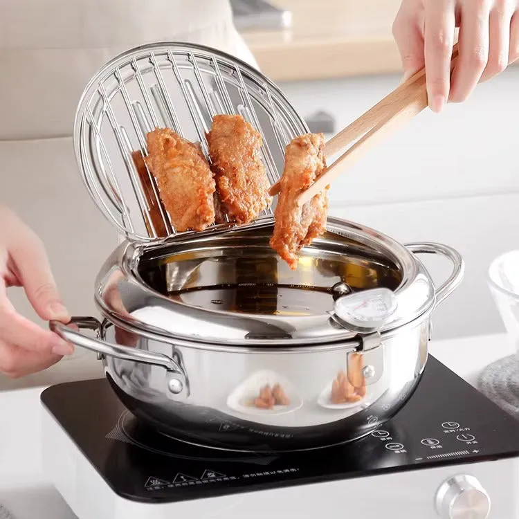Deep Fryer Pot with Thermometer and Straining Rack - Perfect for Tempura