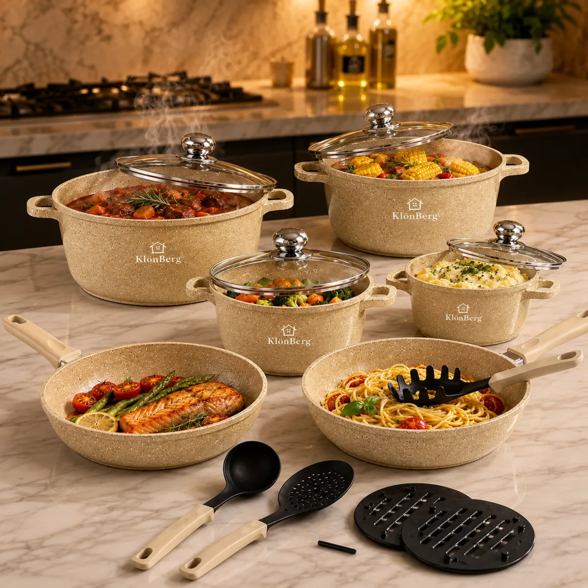 Cast Aluminium 17-Piece Ceramic Marble Non-Stick Cookware Set in Beige