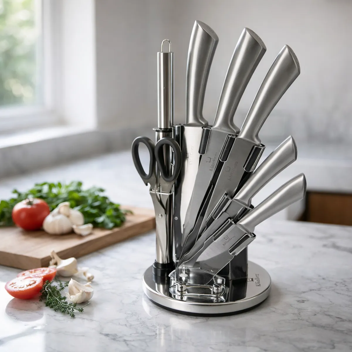 KlonBerg Stainless Steel Kitchen Knife Set 8 PCS with Acrylic Rotating Holder KB-3219