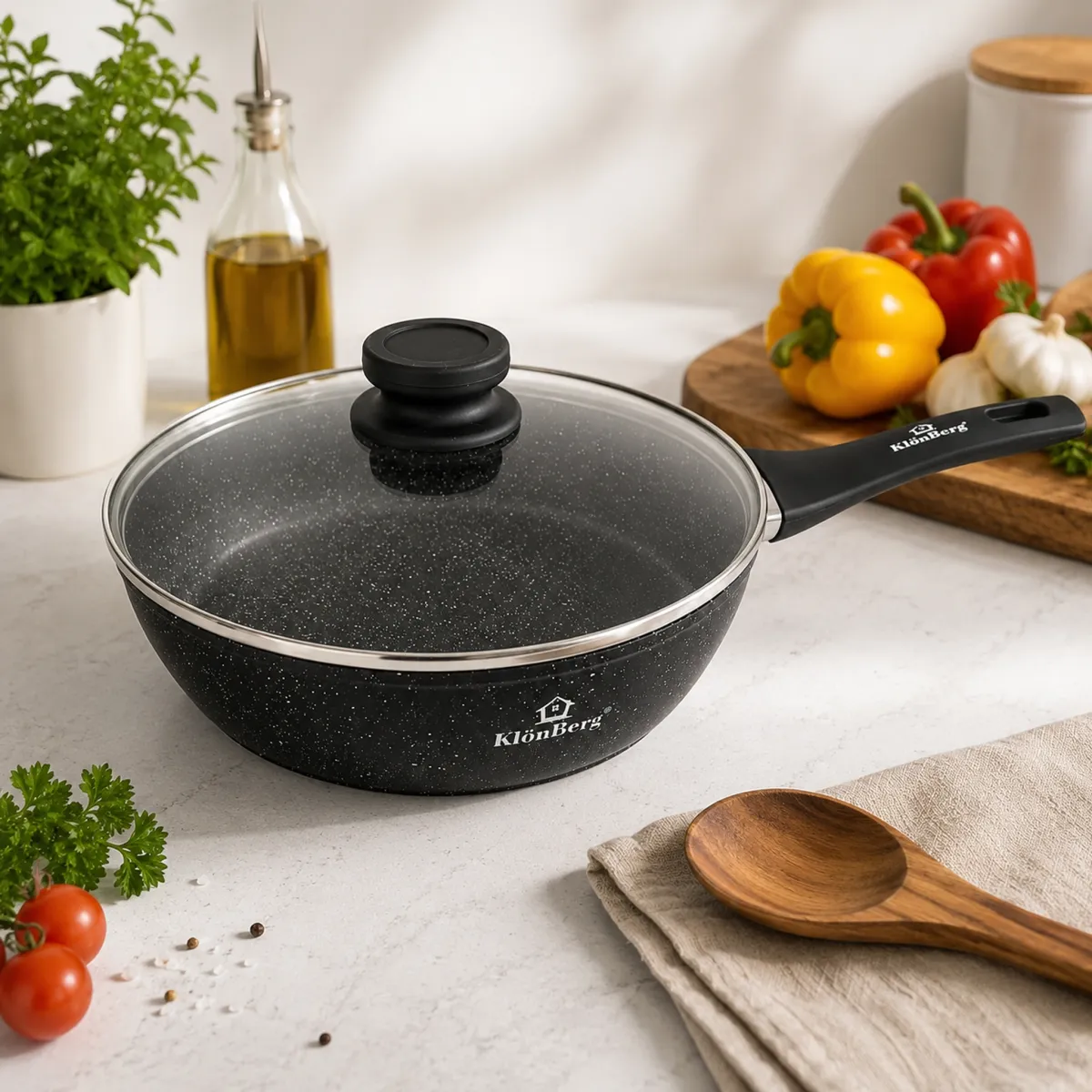 Marble Coating Non Stick Frying Pan with Lid 26cm 2.8L Aluminum Induction Gas KB-8615
