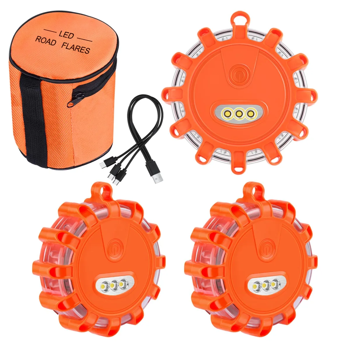 LED Road Warning Flare Magnetic 9 Modes USB-C Charging 3 Pcs - SC-9393