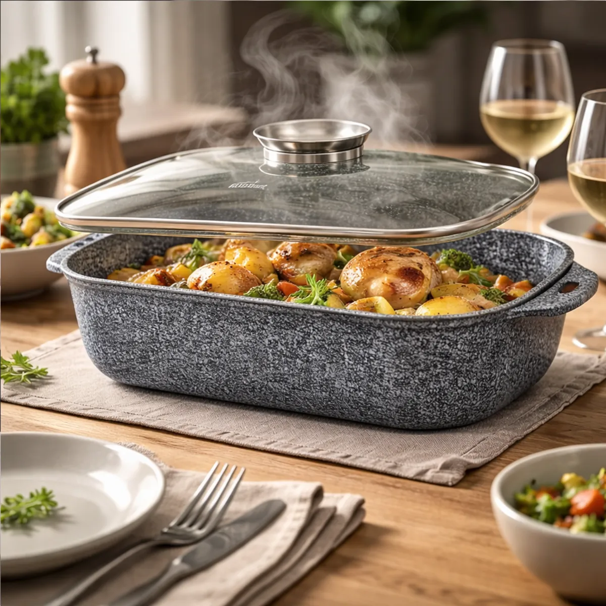 Roaster Pan 34cm 6L Ceramic Marble Non-Stick with Lid for Oven & Induction