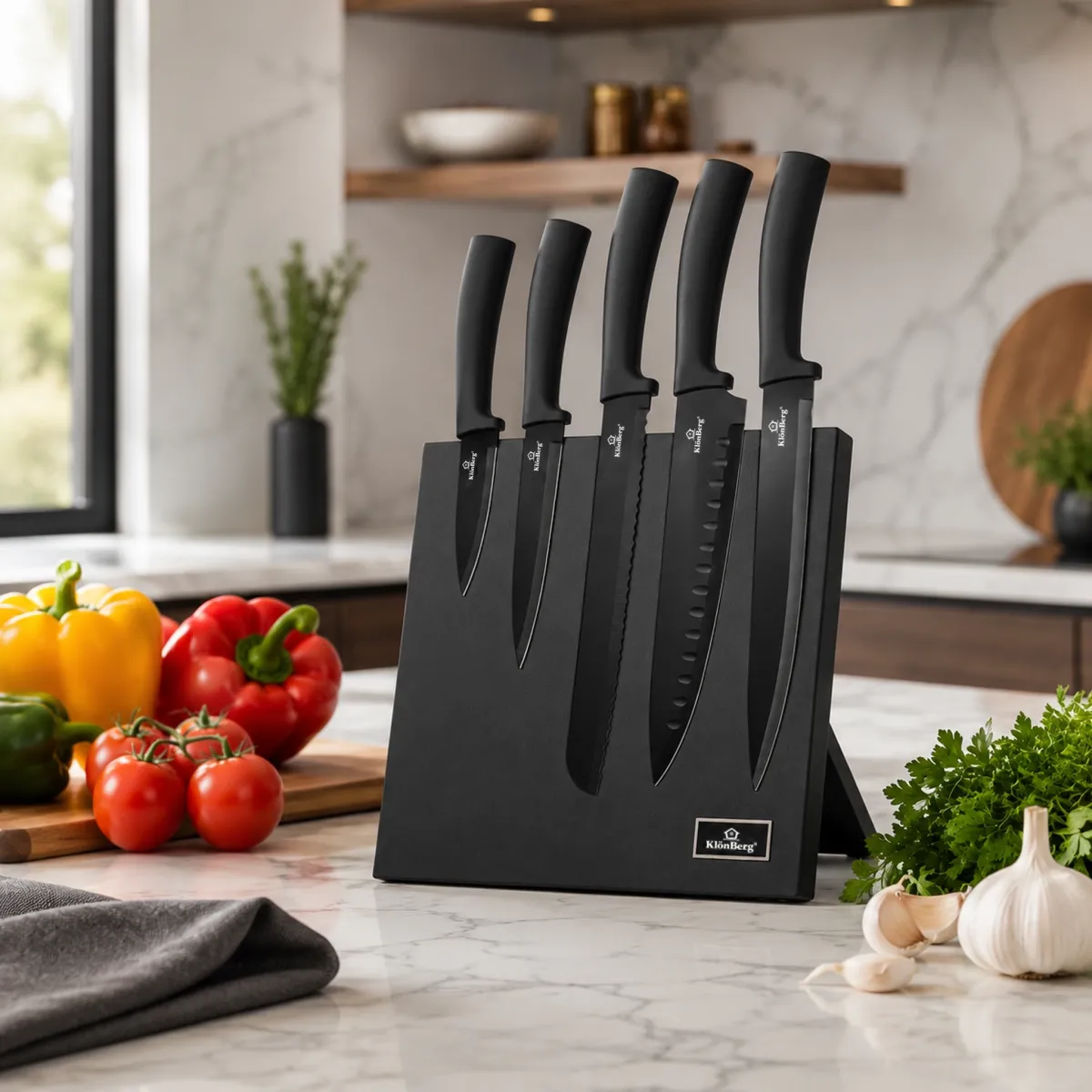 Stainless Steel Kitchen Knife Set 6PCS Black with Magnetic Holder