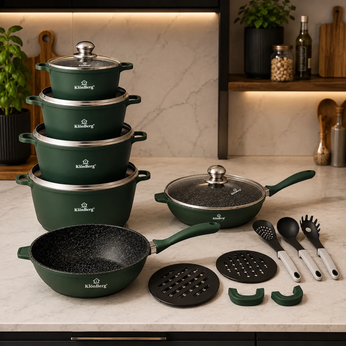 Cast Aluminium 17 Piece Ceramic Marble Cookware Set with Glass Lids Green KB-4087