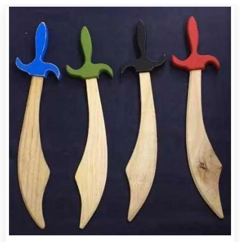 Curved, saber-style wooden blades paired with a distinctive curved crossguard and an ergonomically shaped hilt.