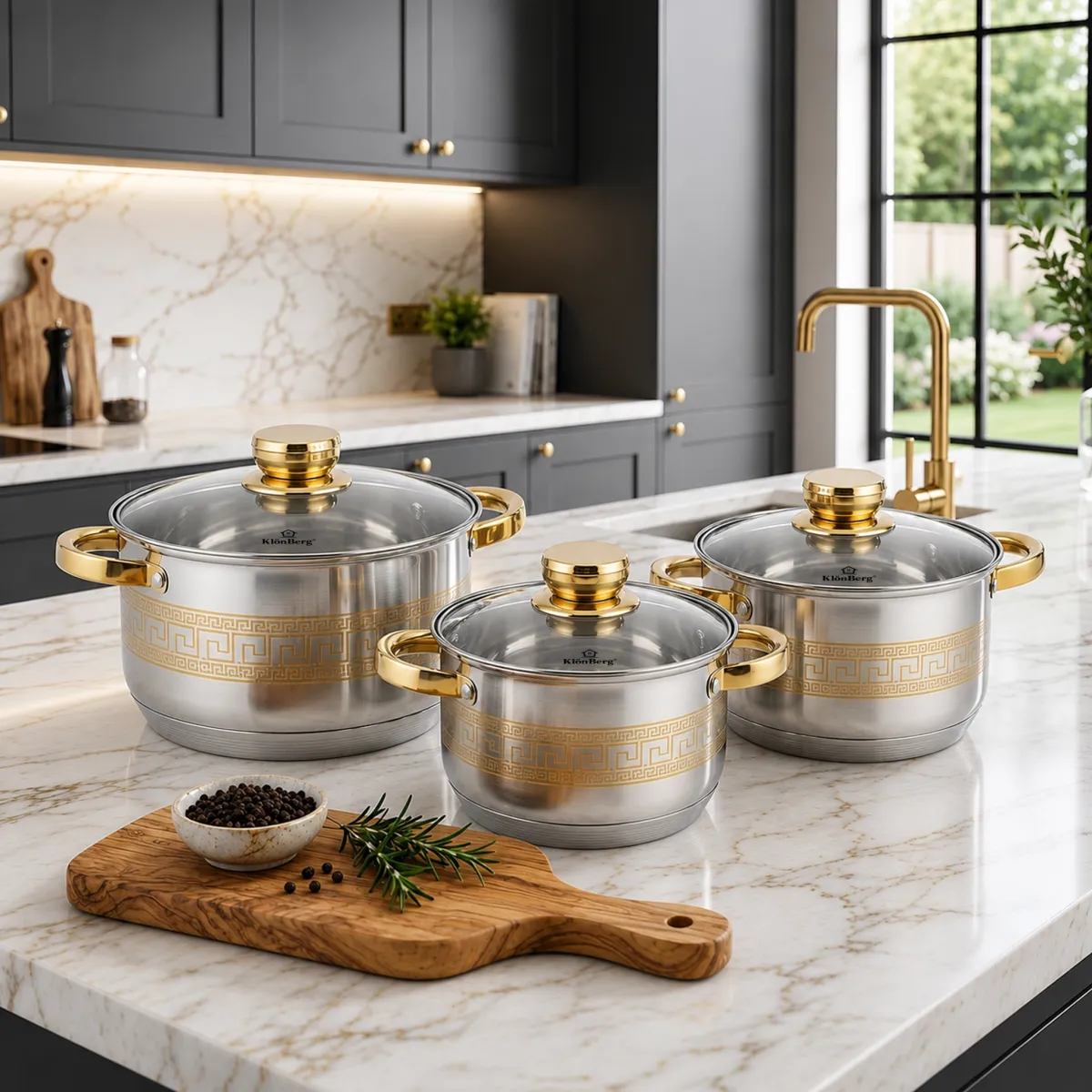 Stainless Steel Cookware Set 6-Piece Gold Design Pots with Glass Lids