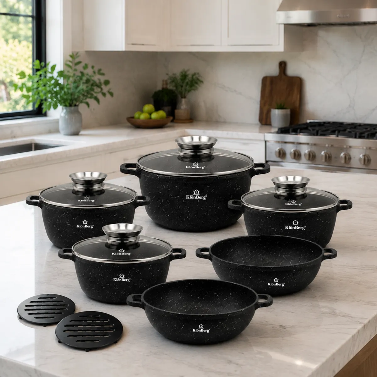 Cookware Set 12 Pcs Black Ceramic Marble Pots and Pans Set with Glass Lids