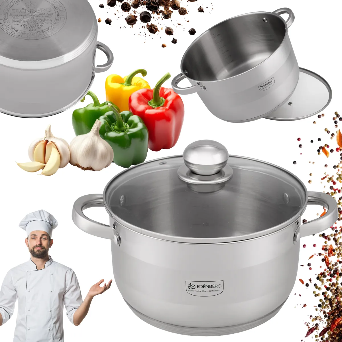 Stainless Steel Pot 7.7L Induction Compatible Glass Lid - EB-3008