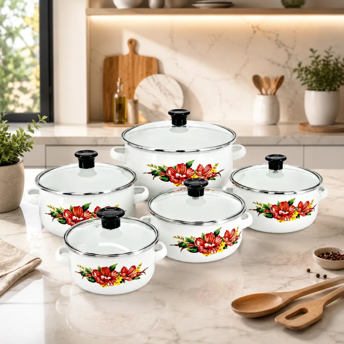 Enamel Casserole Set 10-Piece Floral Print with Glass Lids