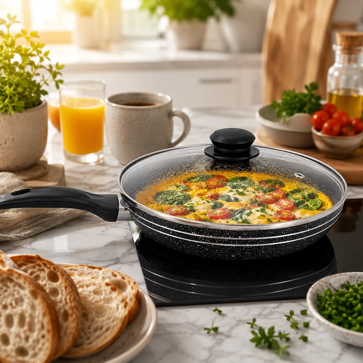 Fry Pan 28cm Marble Non-Stick with Glass Lid Granite Coating