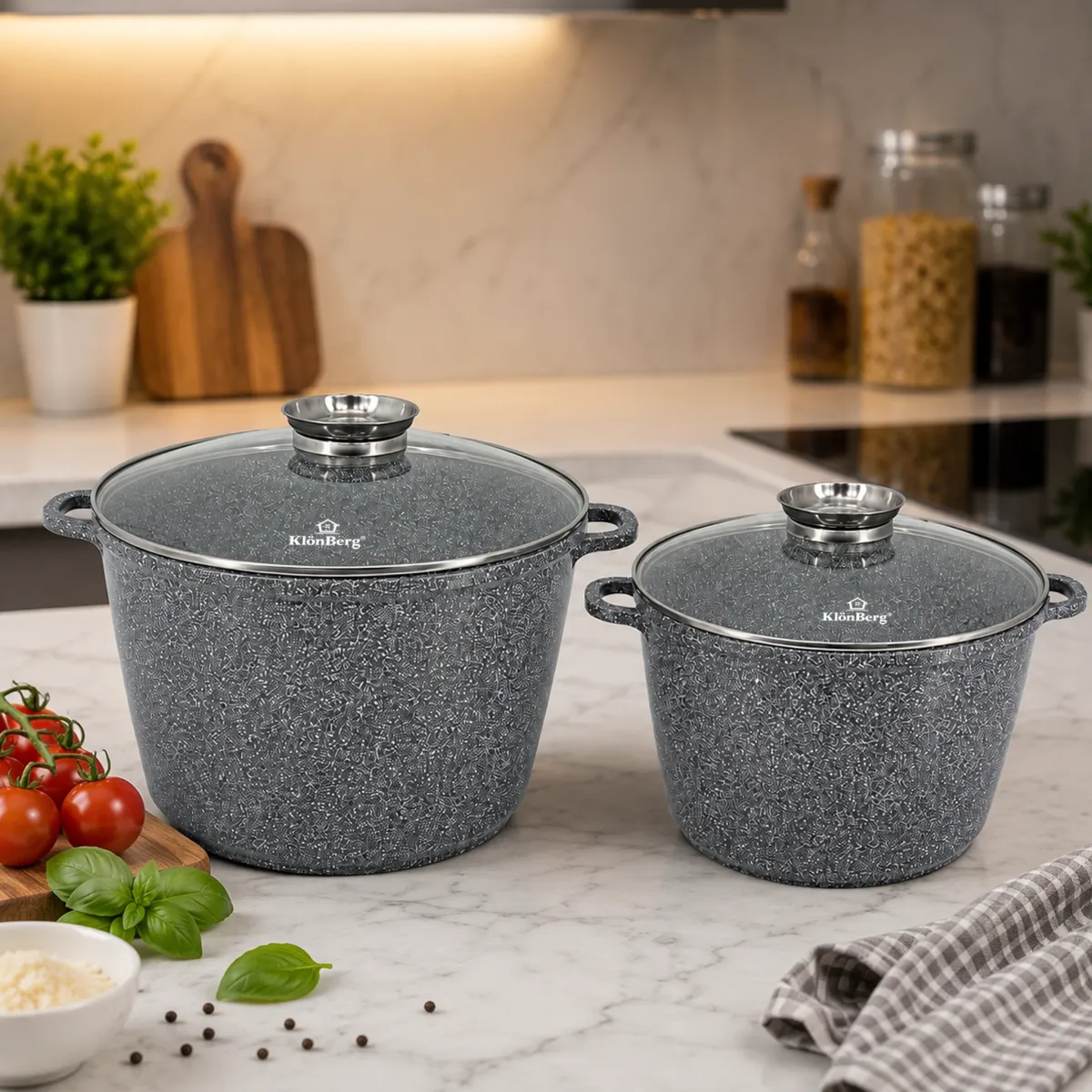 Ceramic Marble Non-Stick Deep Pot Set Grey 4Pcs with Glass Lids