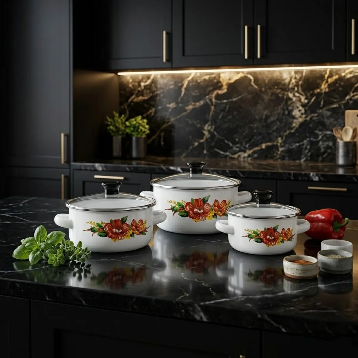 Enamel Casserole Set 6-Piece White Floral Pots with Glass Lids