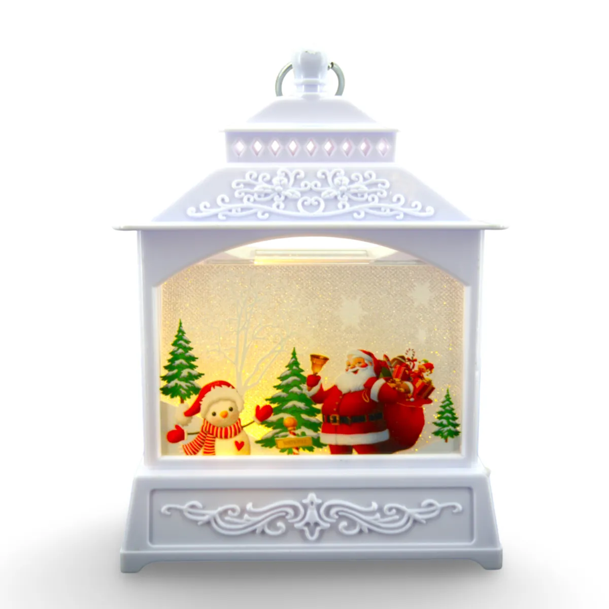 CHRISTMAS BIG LANTERN WHITE   WITH SANTA CLAUS AND SNOWMAN - CP1138