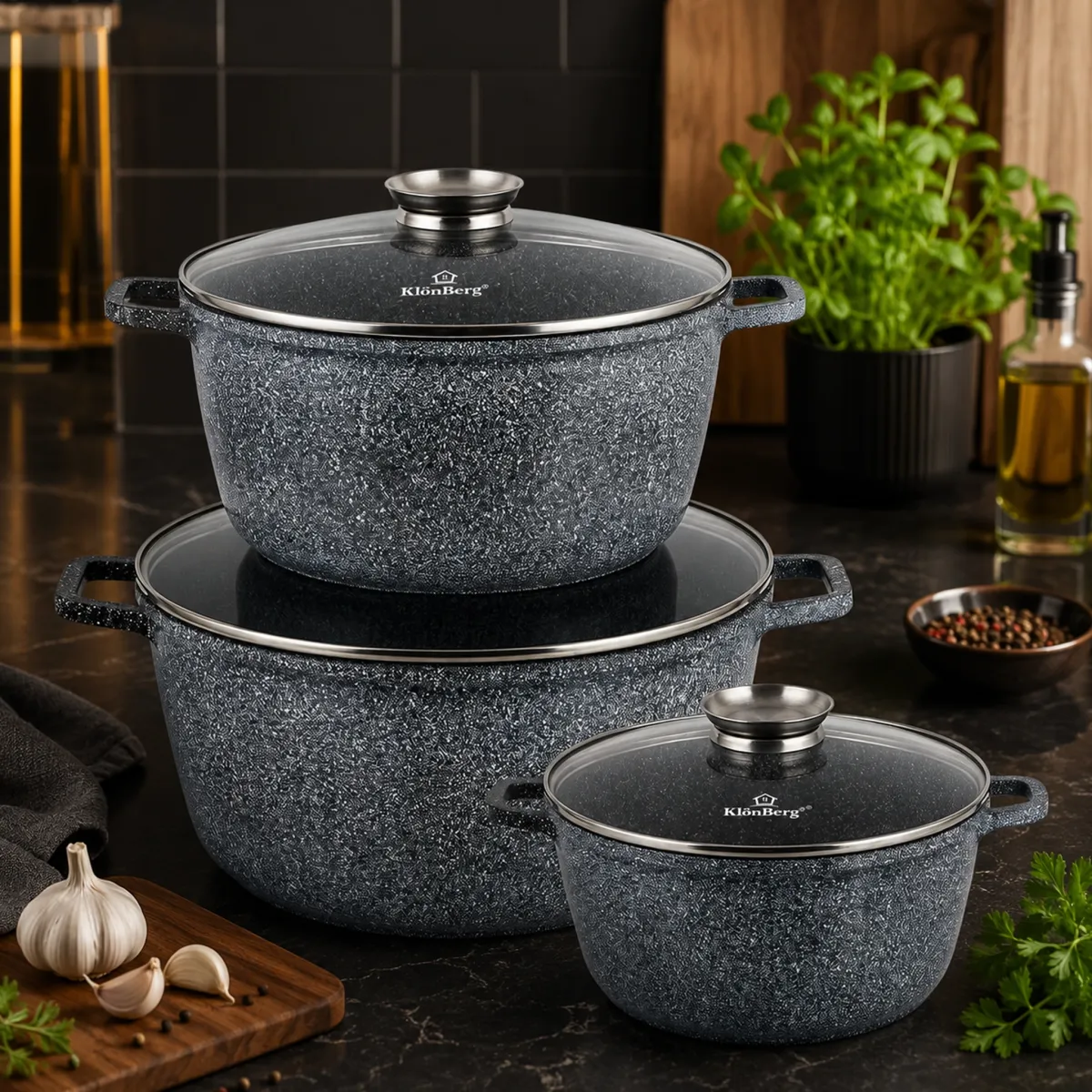 Ceramic Marble Nonstick Cookware Set 6PCS with Glass Lids KB-3962