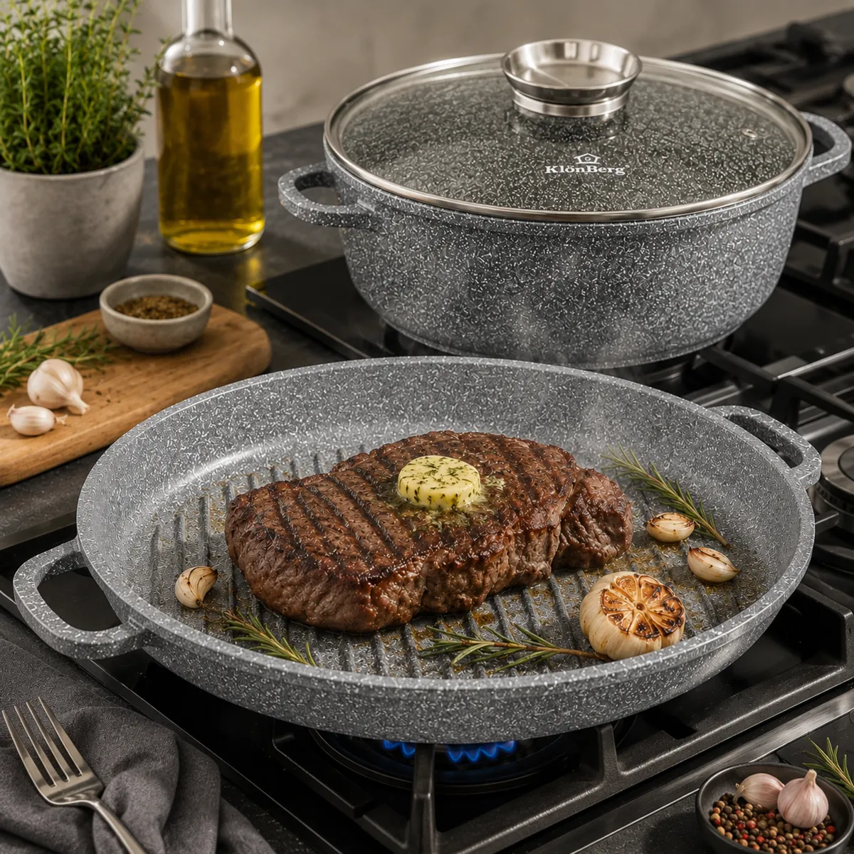 Roasting Pan 38CM 11L Non Stick Ceramic Marble with Lid and Base Pan