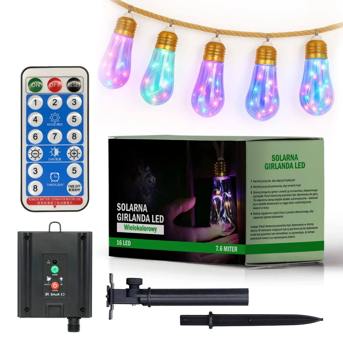Solar Powered String Lights rgb 16 led 7.6m L090387