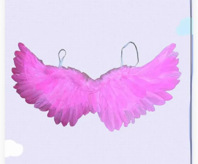 : Features soft, layered real/synthetic pink feathers arranged on a sturdy cardboard core in a classic upward-swept wing shape.