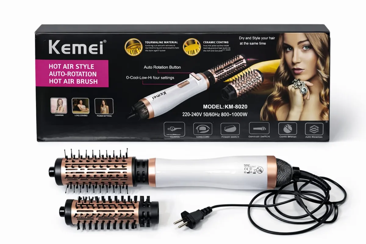 Kemey KM-8020 Fast Heating Hair Dryer - 2-in-1 Curling & Straightening Brush KDM0868