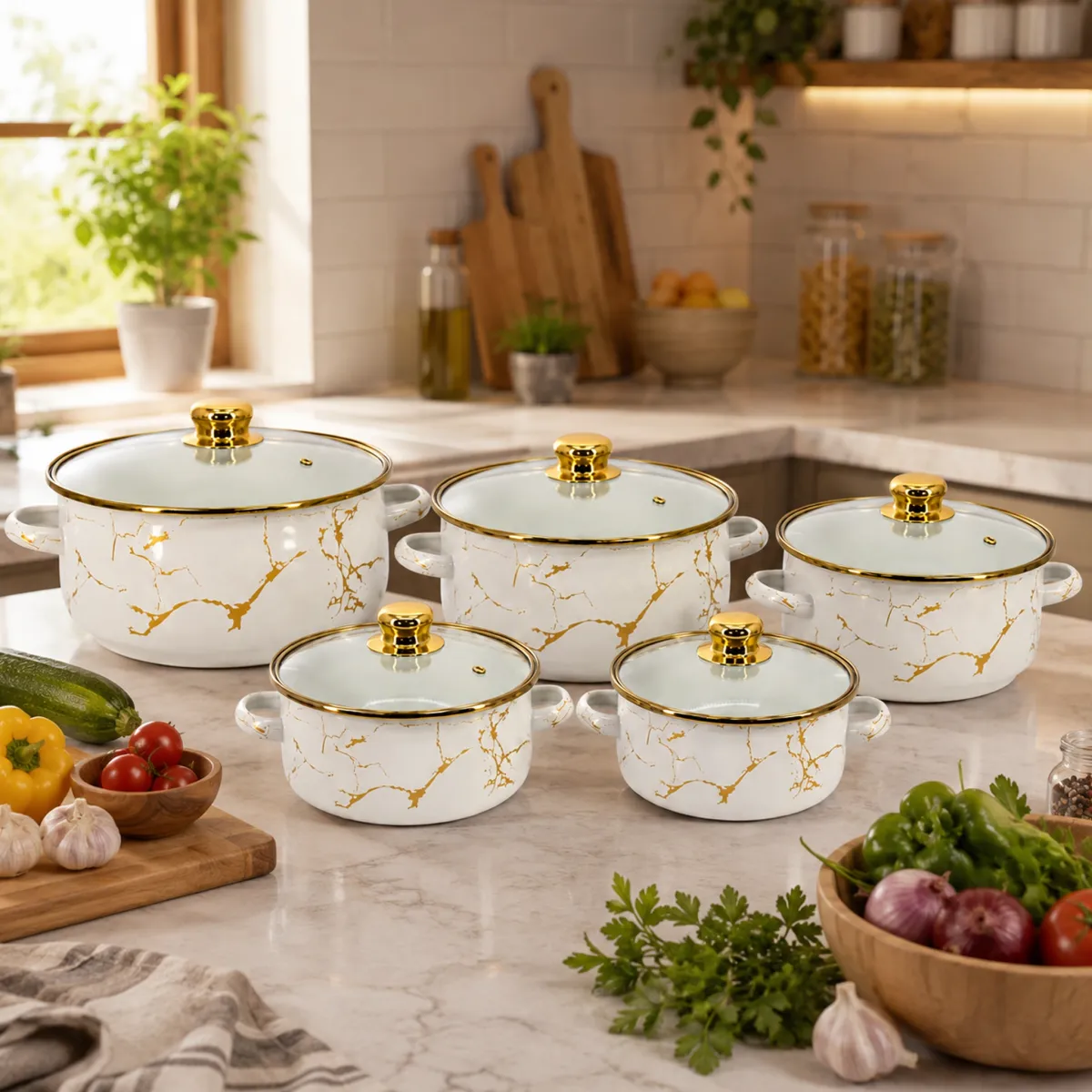 Enamel Casserole Set 10 Piece with Lids White Gold