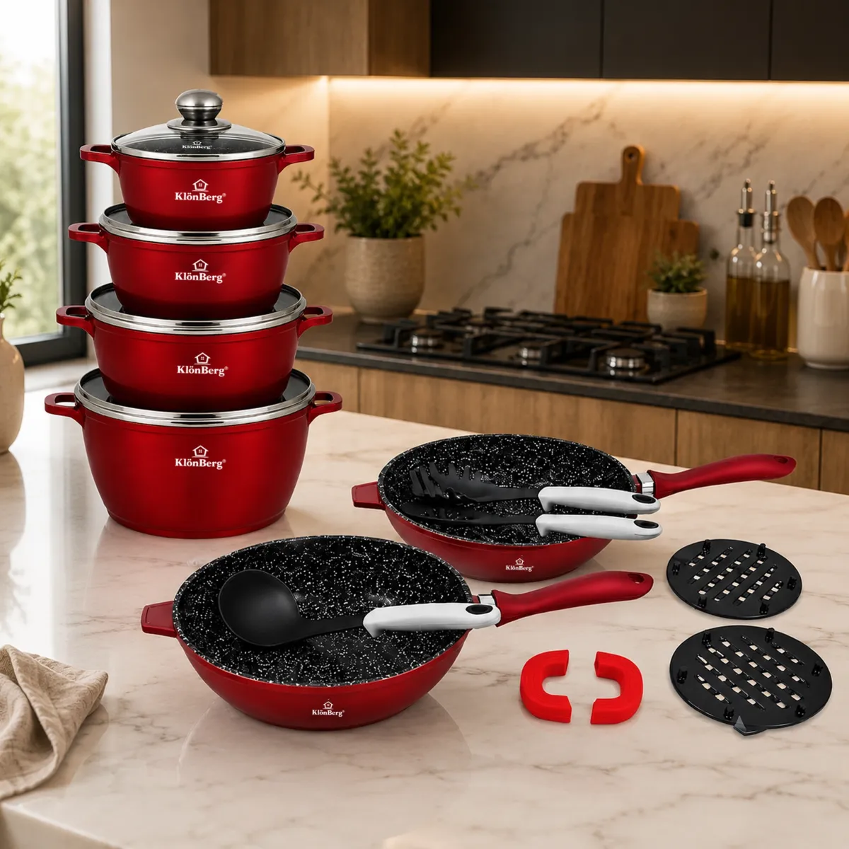 Cast Aluminium 17-Piece Ceramic Marble Non-Stick Cookware Set with Lids KB-4086