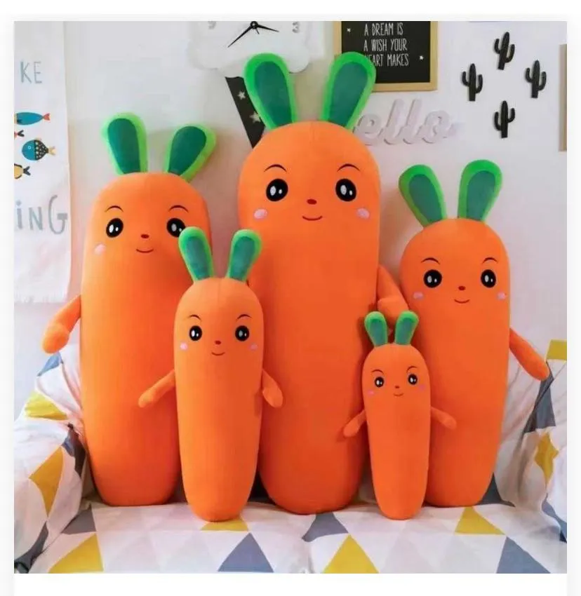 five carrot-themed plush pillow cushions arranged in scaling sizes against an indoor backdrop.