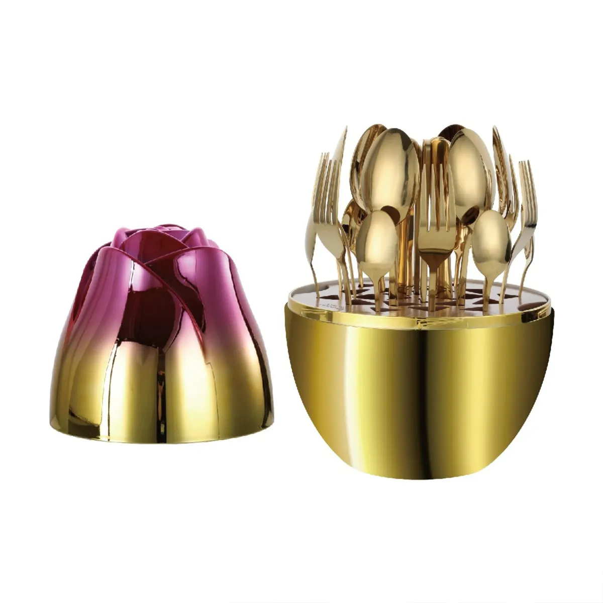 24PCS SET GOLD–PINK ROSE EGG-SHAPED STAINLESS STEEL CUTLERY SET WITH SPOONS FORKS TEA SPOONS & KNIVES - K020769