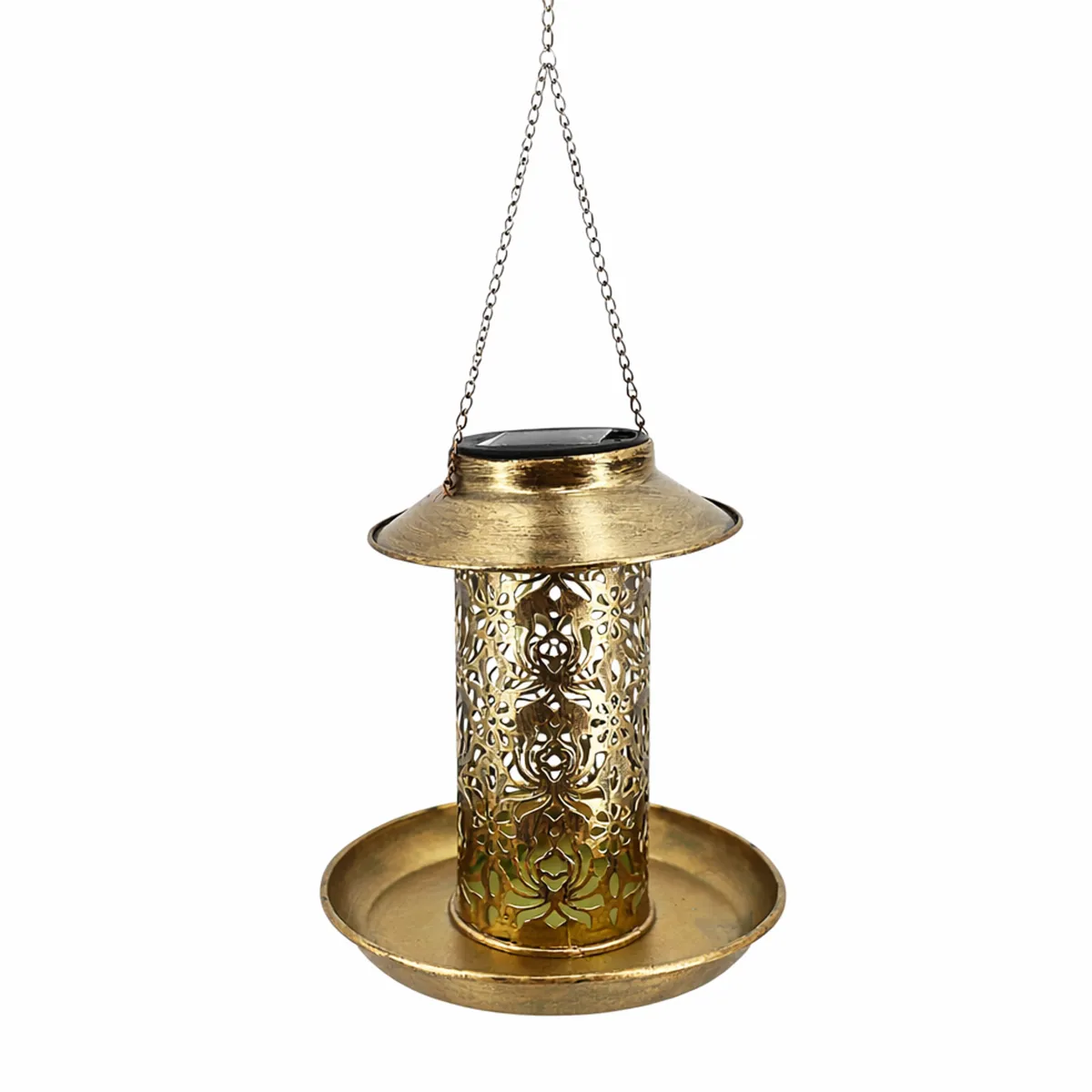 Antique Gold Metal Hanging Solar Lantern Bird Feeder | L091002