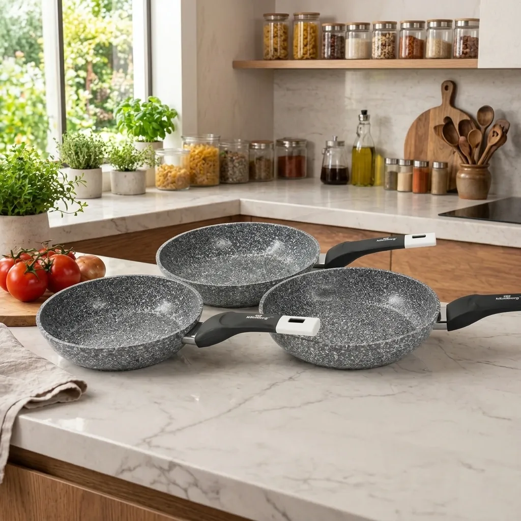 Granite Frying Pan Set 3PCS Grey Pressed Aluminium Non-Stick Induction Compatible KB-8653