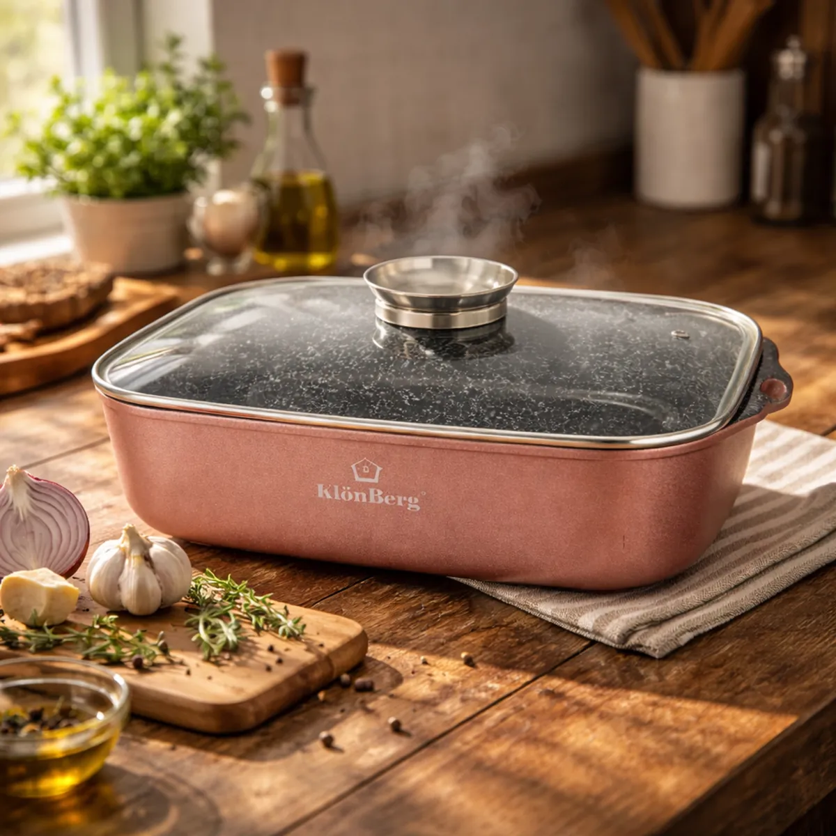 KlonBerg Roaster Pan 34cm 6L Ceramic Marble Non-Stick with Glass Lid – Induction Compatible KB-4029