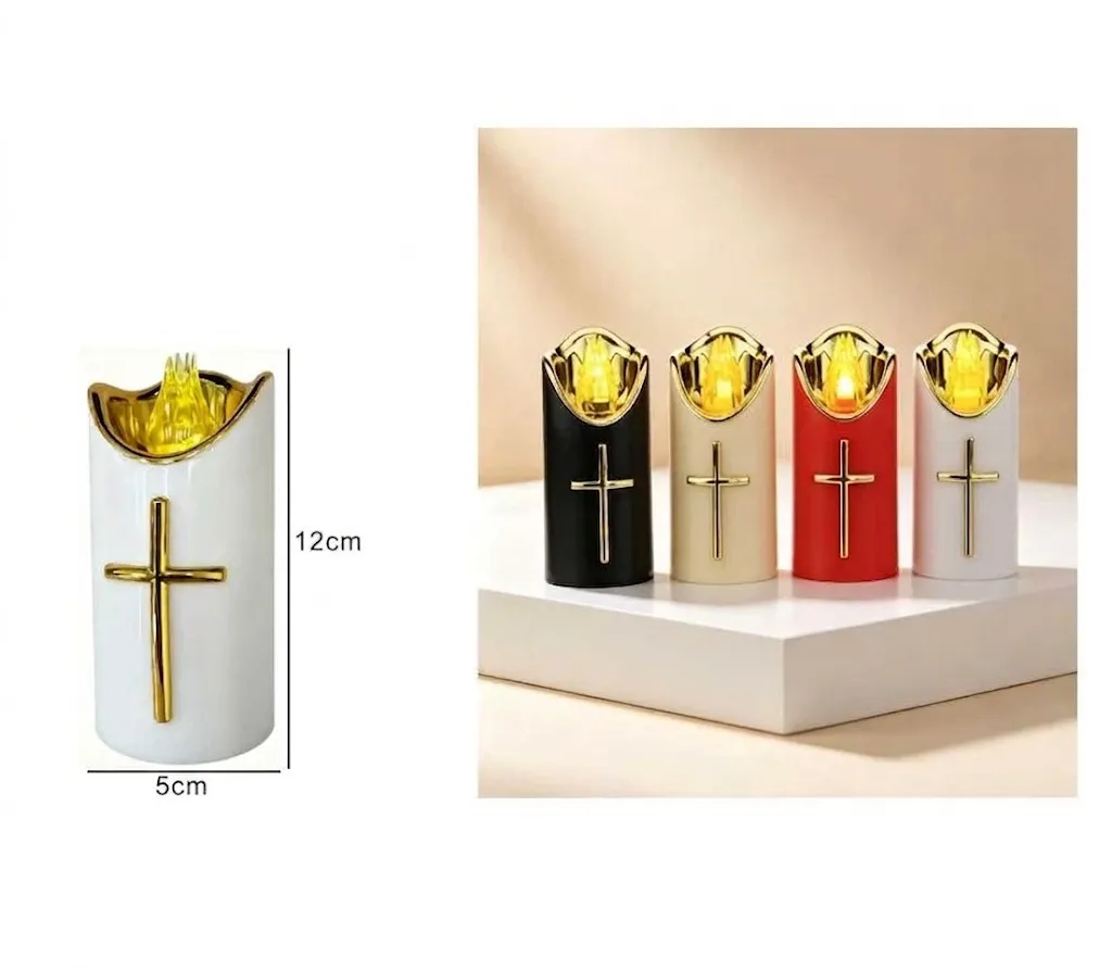 790980 ✝️ Gold Cross LED Devotional Candle 12 cm – Flameless Prayer & Memorial Light