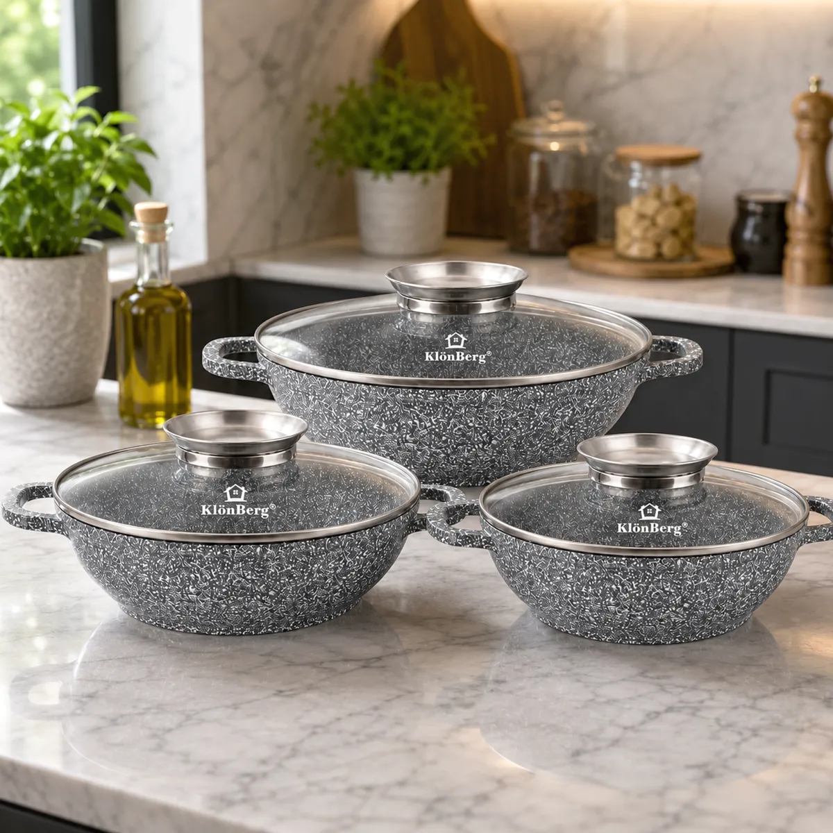 Soup Pot Set 6 Piece Ceramic Marble with Glass Lids