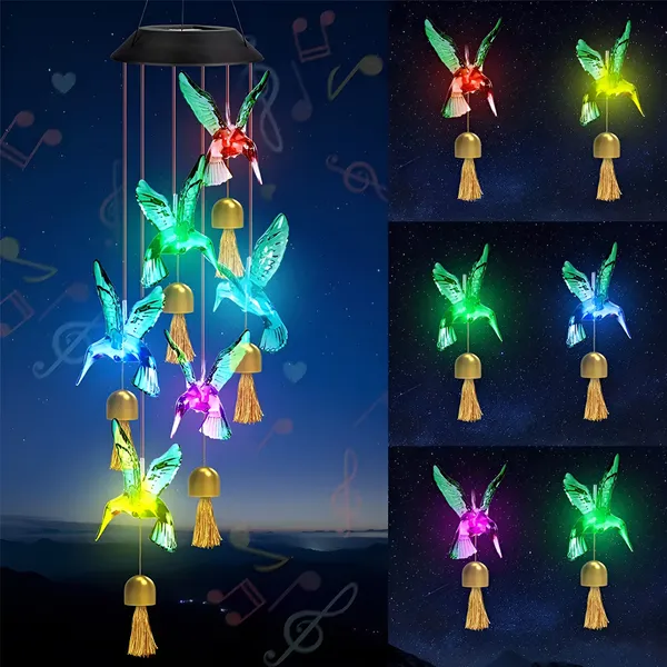 Solar Hummingbird With Golden Bells Hanging Lamps  ( 6 Birds ) - RGB ( Multicolour ) - SL1156