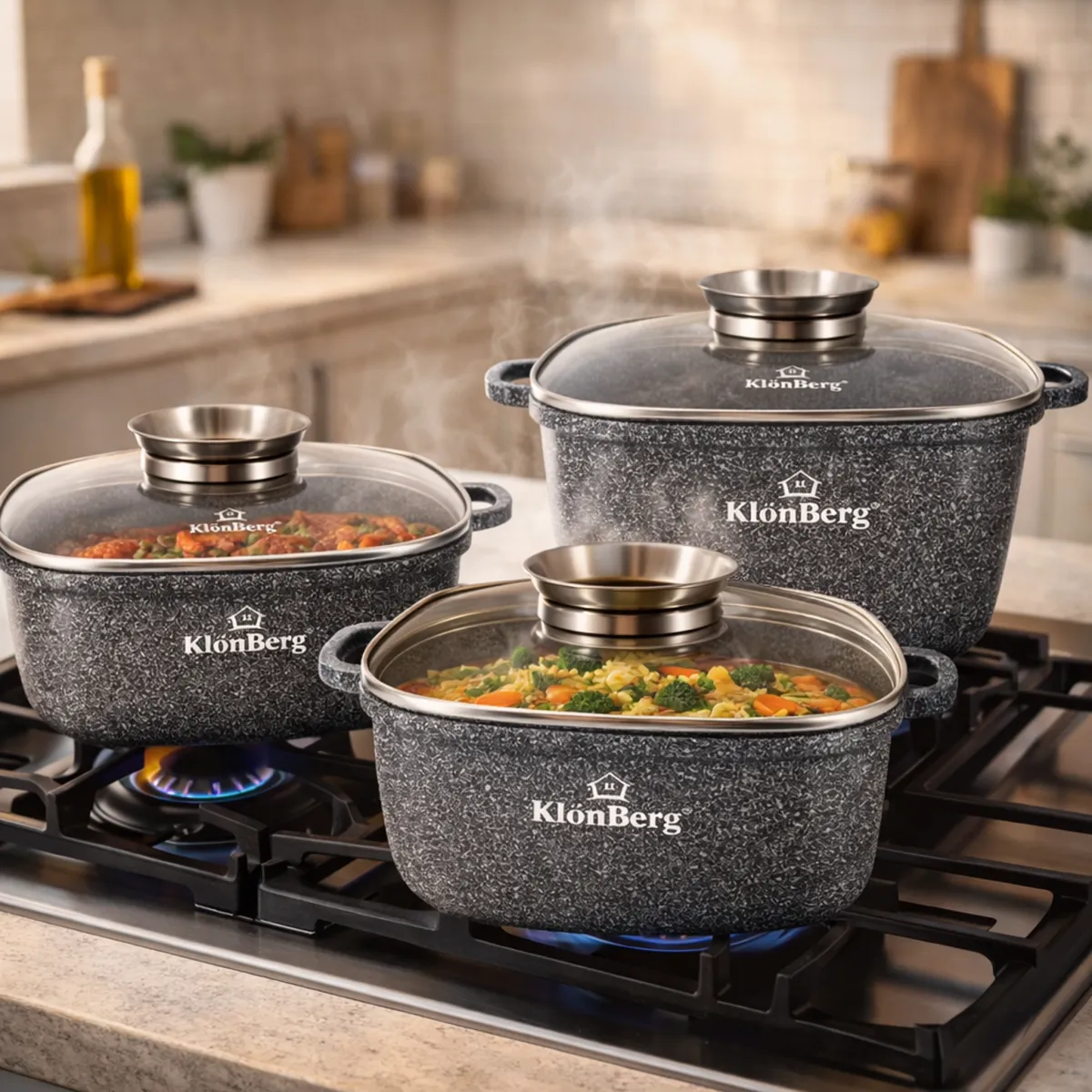 KlonBerg 6-Piece Square Cast Aluminum Nonstick Cookware Set KB-3957 - Induction Compatible