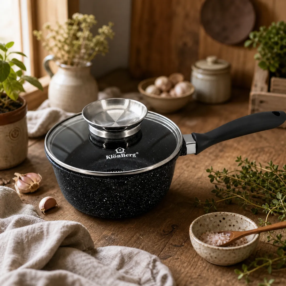 Ceramic Marble Non Stick Saucepan 18cm 1.8L Glass Lid Induction Black KB-4019