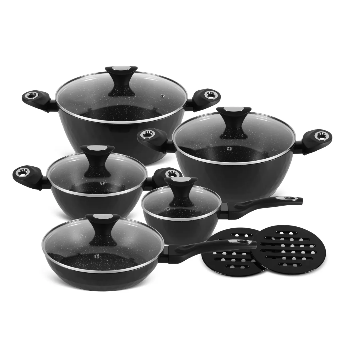 EDENBERG 12PCS ALUMINIUM COOKWARE SET - METALIC BLACK AND NON STICK COATING EB-5636