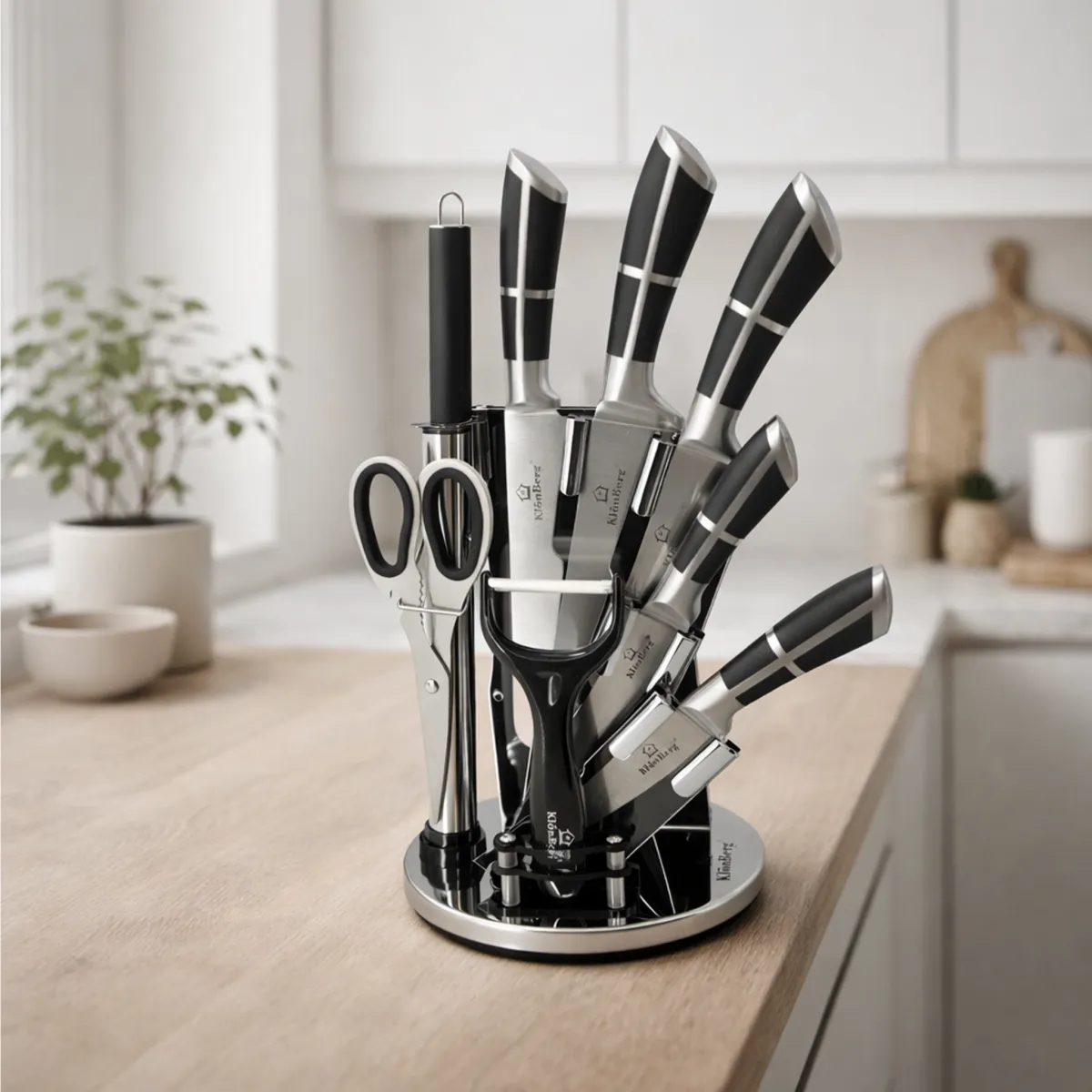 KlonBerg Stainless Steel Kitchen Knife Set 9 PCS with Acrylic Rotating Holder KB-3213