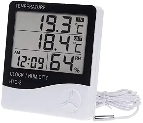 Digital Thermometer Hygrometer HTC-2 with Clock - Temperature and Humidity Meter KDM0895