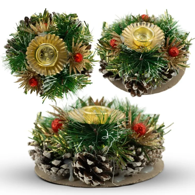 CHRISTMAS DECORATION CANDLE HOLDER FOR TABLE PINE BAUBLES LEAVES 12 CM - CP1128